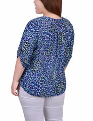 Plus Size 3/4 Roll Tab Zip Front Jacquard Knit Top