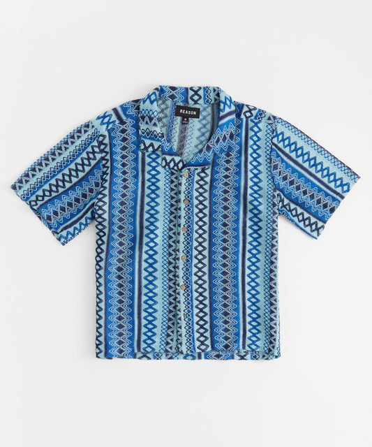Jacquard Polo Short Sleeve Button Down Shirt - Blue