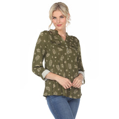 Women's Pleated Long Sleeve Leaf Print Blouse