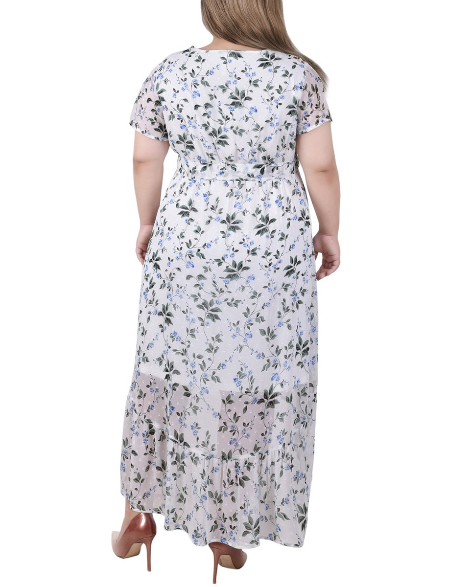  NY Collection Plus Size Short Sleeve Hankerchief Hem Chiffon Dress - Black Mauve Floral - Bonton