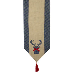 Burlap and Plaid Reindeer Christmas Runner - 80" - Blue and Beige