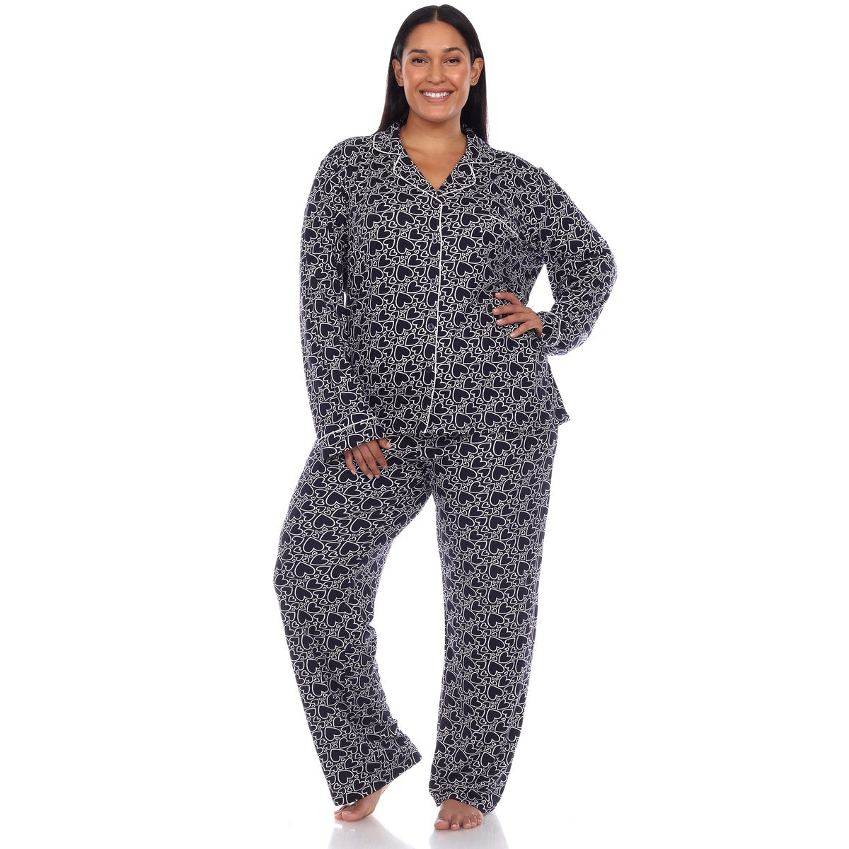  White Mark Plus Size Long Sleeve Heart Print Pajama Set - 3X - Bonton