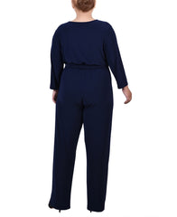 Plus Size 3/4 Sleeve Belted Jumpsuit