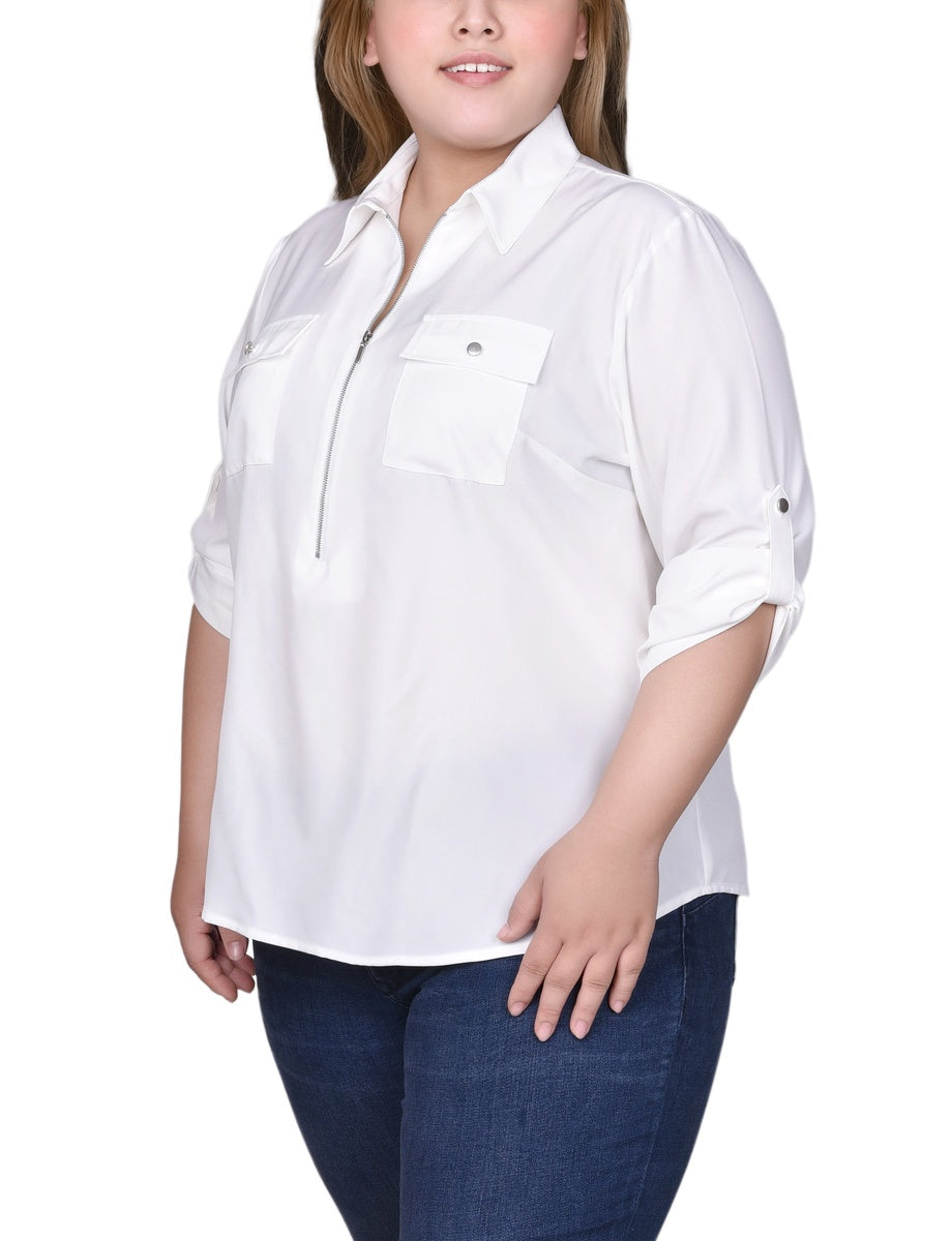  NY Collection Plus Size 3/4 Roll Tab Sleeve Zip Front Blouse - Lilas - Bonton