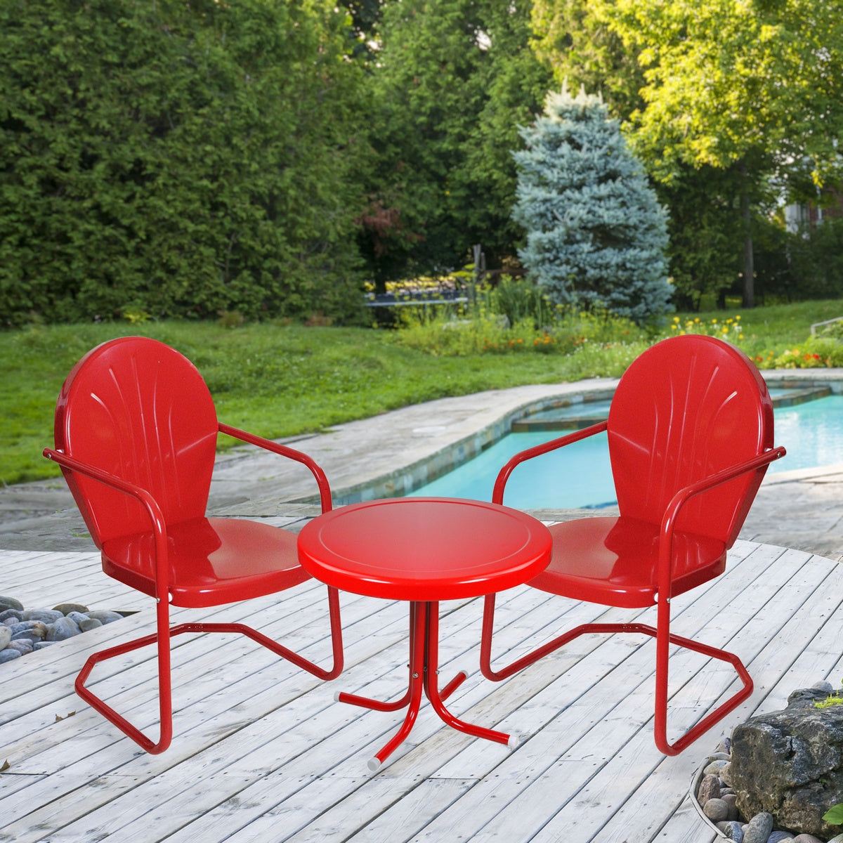  Northlight 3-Piece Retro Metal Tulip Chairs and Side Table Outdoor Set  Red - Red - Bonton