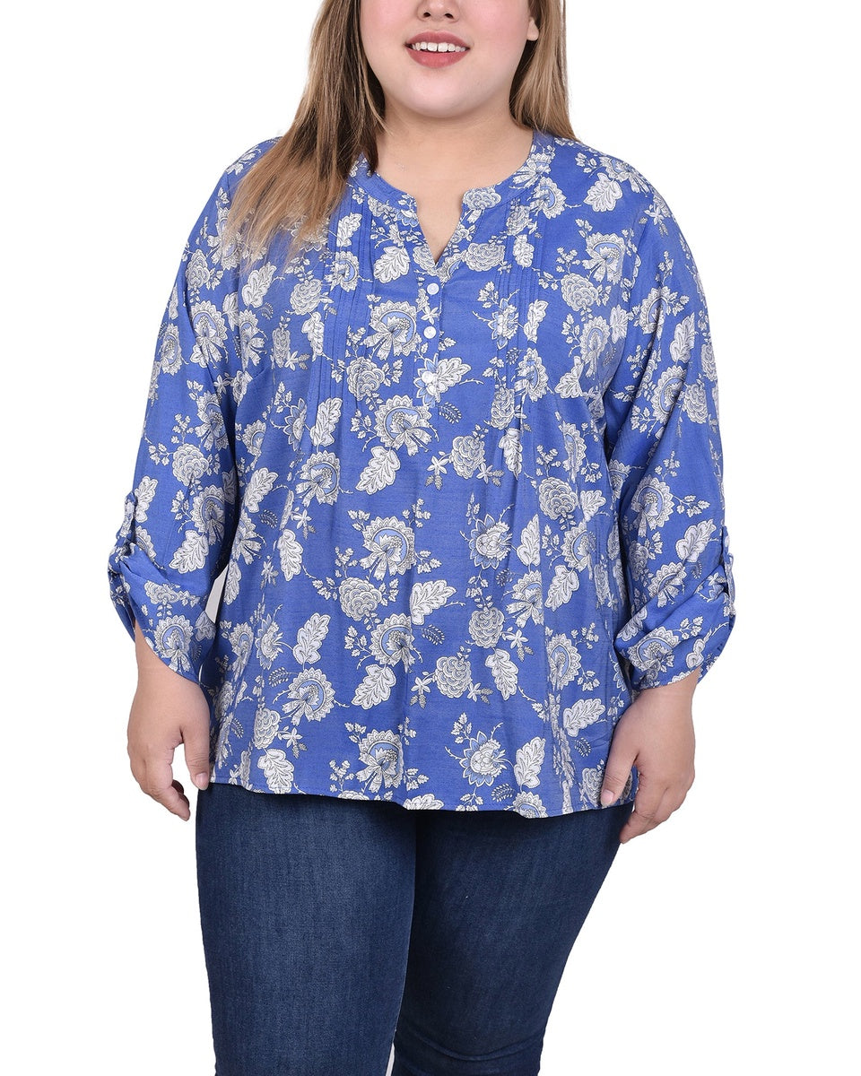  NY Collection Plus Size Long Roll Tab Sleeve Pintuck Front Blouse - Blue Chevron - Bonton