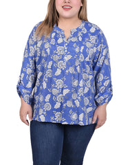 Plus Size Long Roll Tab Sleeve Pintuck Front Blouse