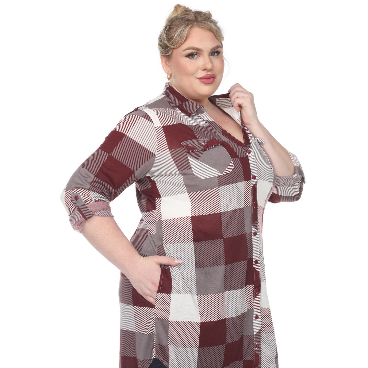  White Mark Plus Size Plaid Button Down Tunic Shirt - 1X - Bonton