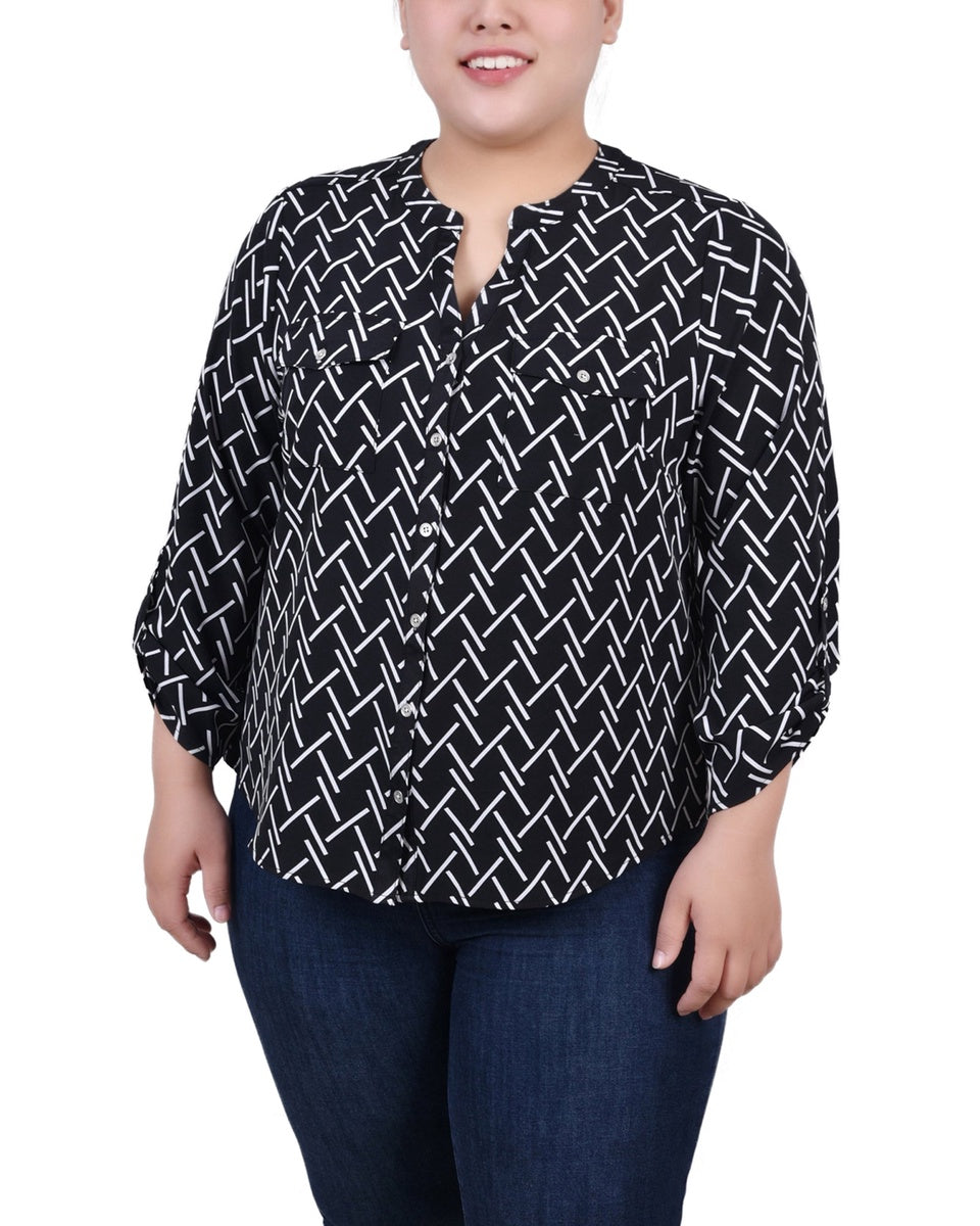  NY Collection Plus Size 3/4 Roll Tab Sleeve Y-Neck Blouse - Black White Rope Iconic - Bonton