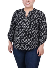 Plus Size 3/4 Roll Tab Sleeve Y-Neck Blouse