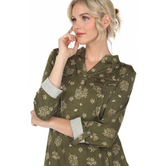 Women's Pleated Long Sleeve Leaf Print Blouse