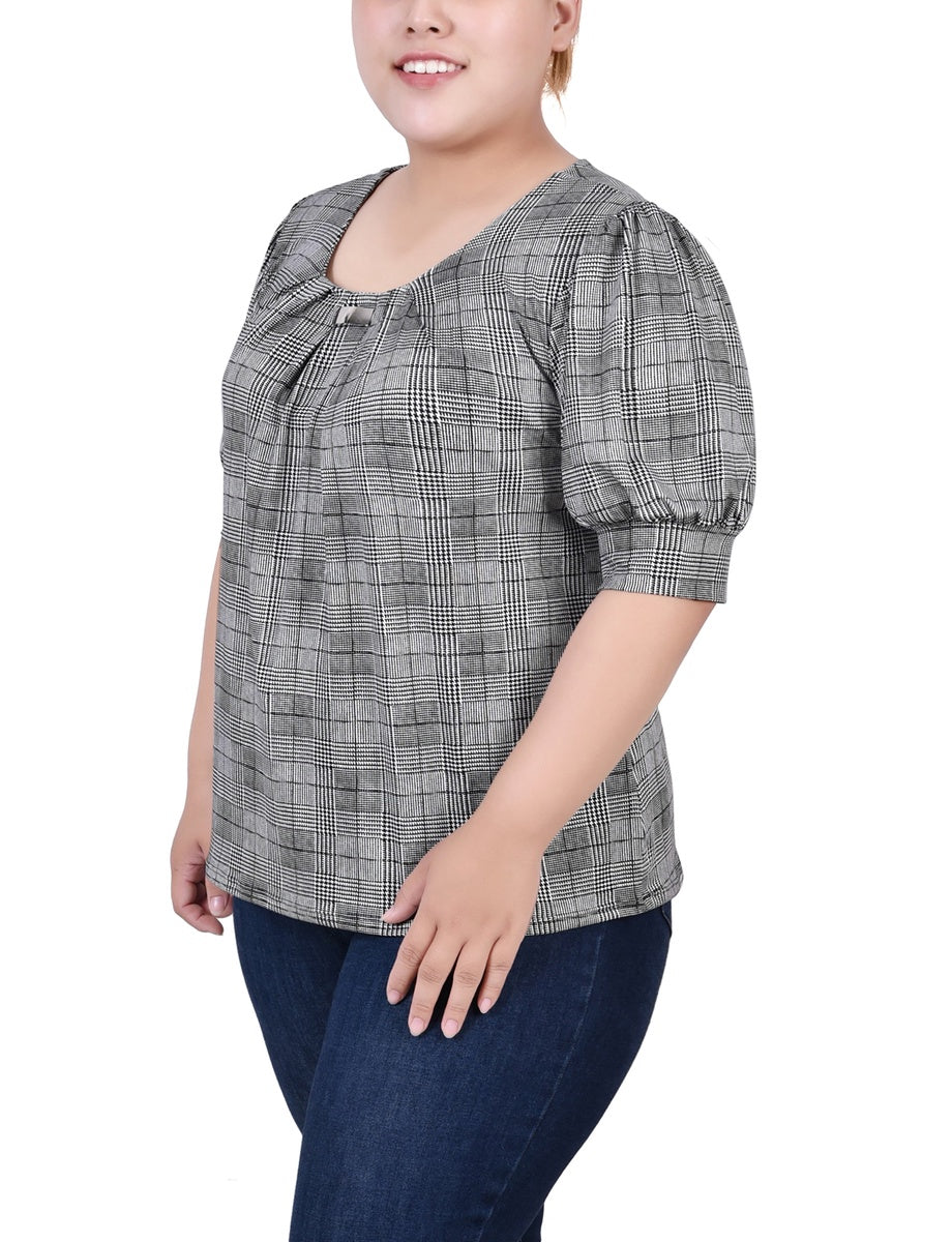  NY Collection Plus Size Short Sleeve Balloon Sleeve Top With Hardware - Black Taupe Zebra - Bonton