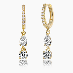 White Gold Plated Cubic Zirconia Two-Stone Dangle Huggie Hoop Earrings