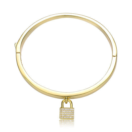 14k Gold Plated With Cubic Zirconia Padlock Charm Stacking Bangle Bracelet