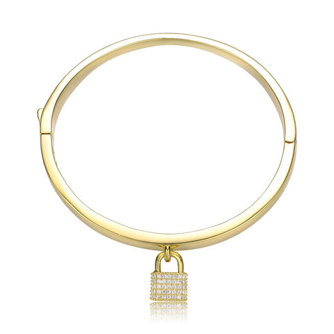 14k Gold Plated With Cubic Zirconia Padlock Charm Stacking Bangle Bracelet