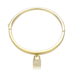 14k Gold Plated With Cubic Zirconia Padlock Charm Stacking Bangle Bracelet