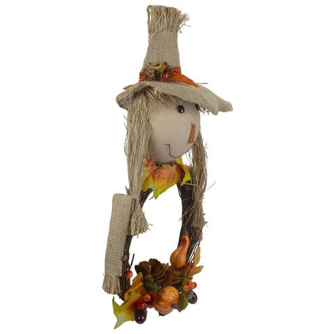 20" Yellow and Tan Fall Harvest Scarecrow Artificial Wreath Wall Decor