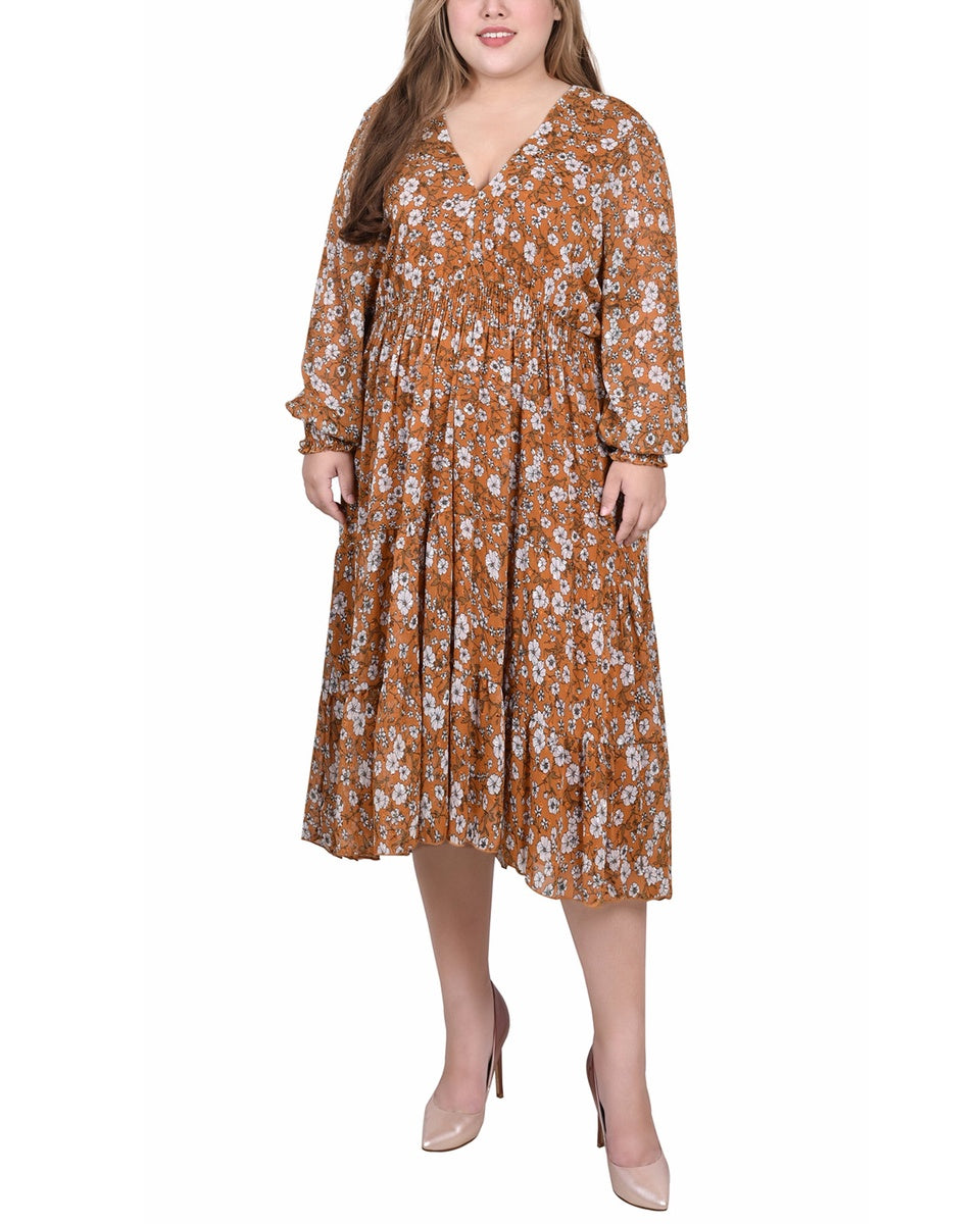  NY Collection Plus Size Long Sleeve Clip Dot Chiffon Dress With Smocked Waist and Cuffs - Navy Floral - Bonton