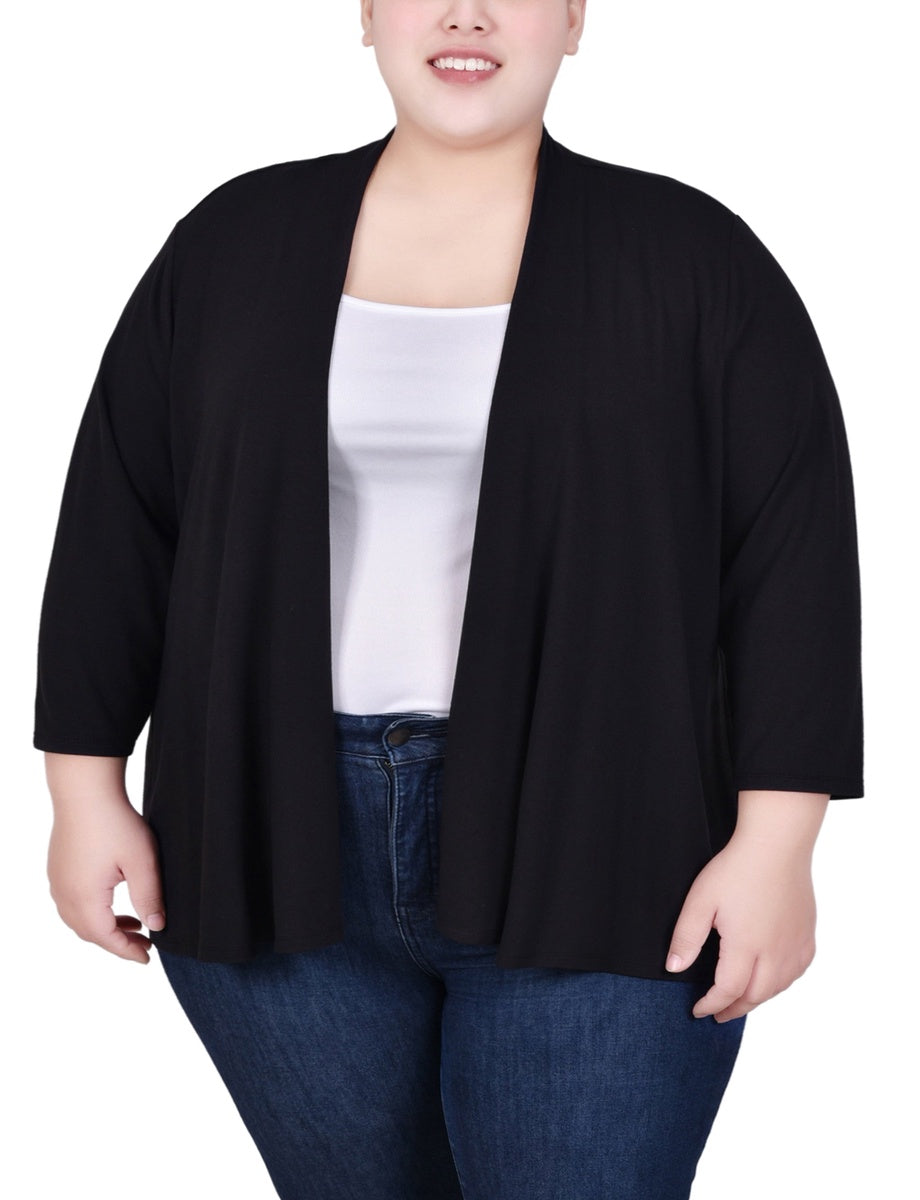  NY Collection Plus Size Solid 3/4 Sleeve Cardigan - Black - Bonton