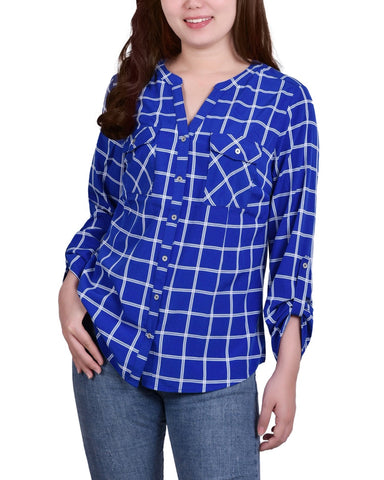 Petite 3/4 Sleeve Roll Tab Y Neck Blouse