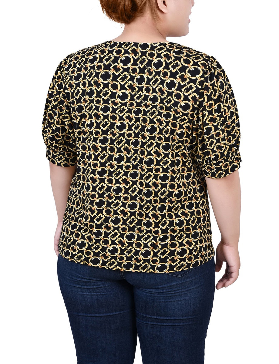  NY Collection Plus Size Short Sleeve Balloon Sleeve Top With Hardware - Black Taupe Zebra - Bonton