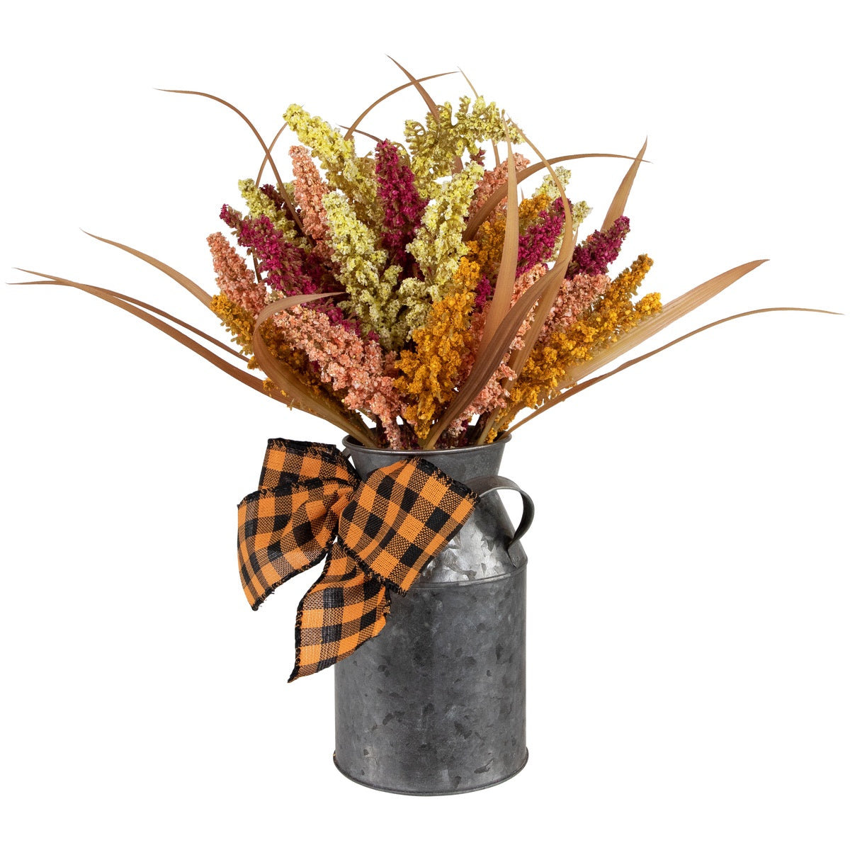  Northlight Autumn Harvest Foliage in Canister Floral Decoration With Checkered Bow - 18