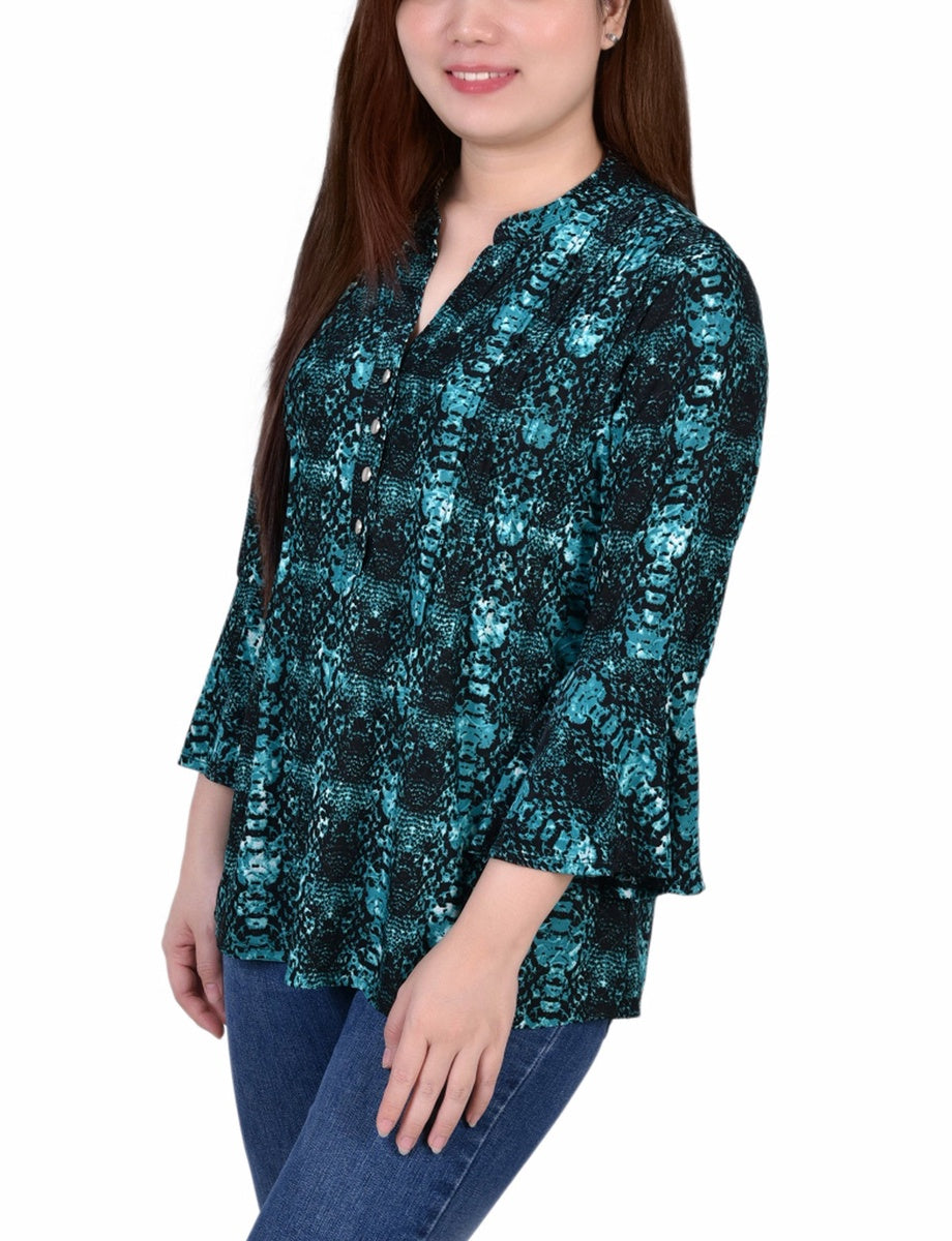  NY Collection 3/4 Bell Sleeve Pleat Front Y Neck Top - Mauve Tie Dye - Bonton