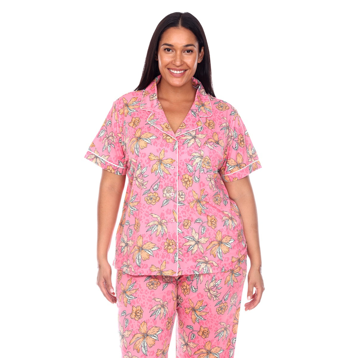  White Mark Plus Size Short Sleeve & Pants Tropical Pajama Set - 1X - Bonton