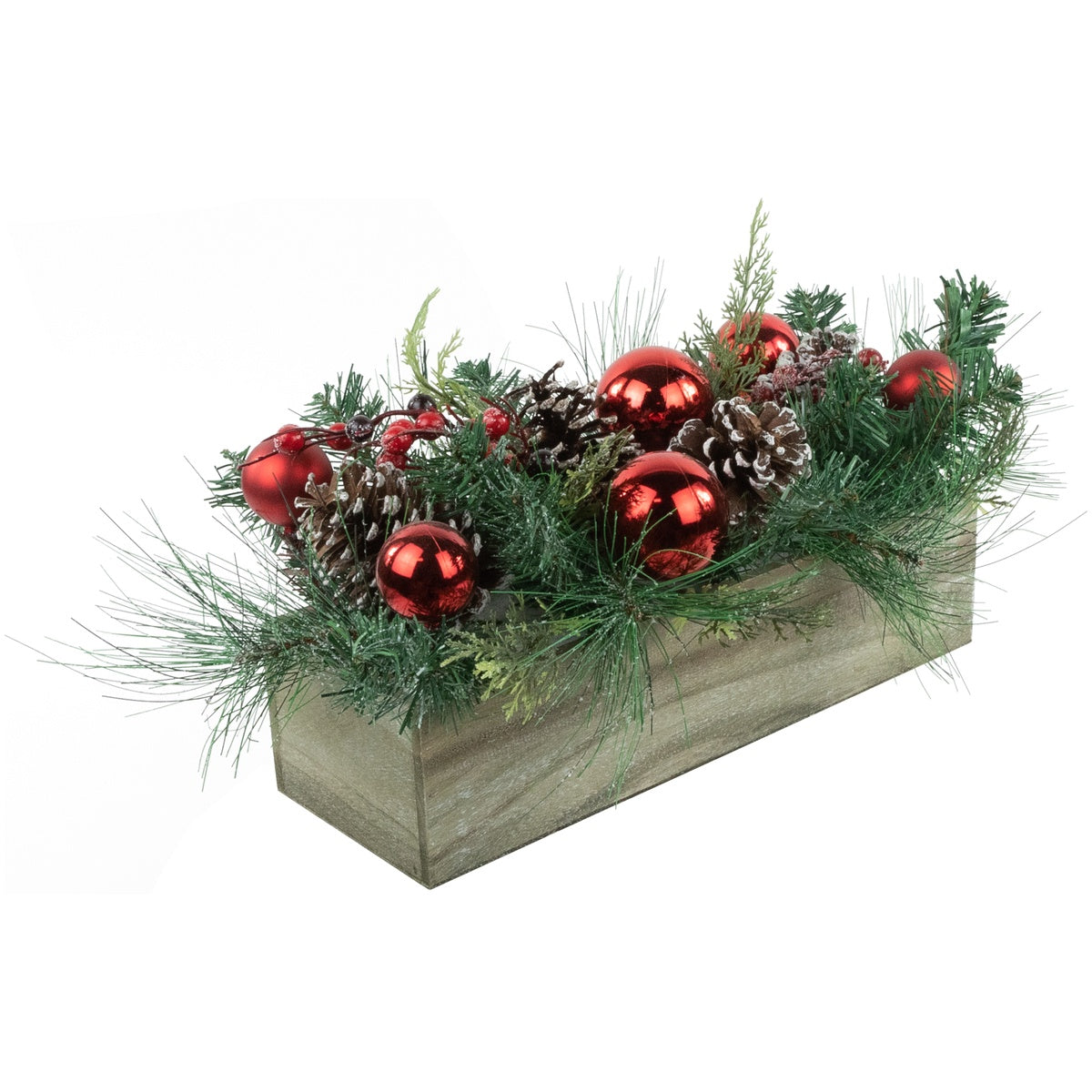  Northlight Mixed Pine and Red Ornaments Artificial Christmas Arrangement in Wood Planter - 24