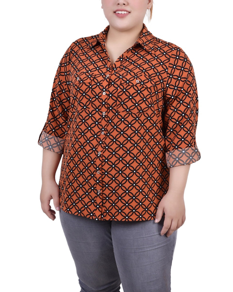  NY Collection Plus Size 3/4 Sleeve Roll Tab Notch Collar Blouse - Black And Doeskin Floral Iconi - Bonton