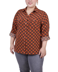 Plus Size 3/4 Sleeve Roll Tab Notch Collar Blouse