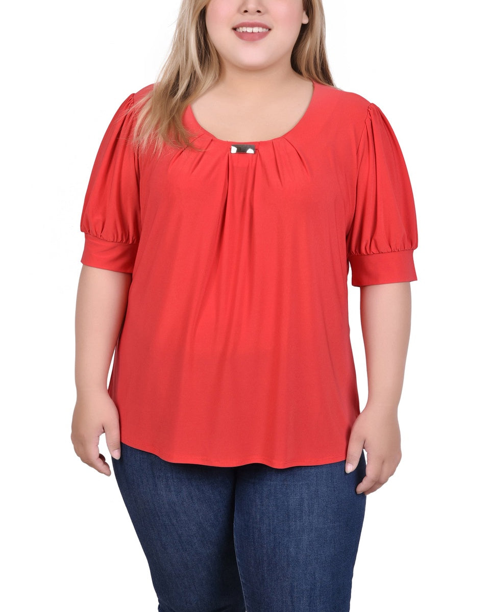  NY Collection Plus Size Short Sleeve Balloon Sleeve Top With Hardware - Bittersweet - Bonton