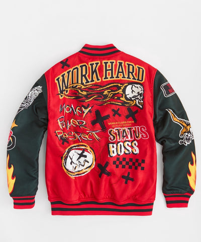 Work Hard Chenille Patched Varsity Jacket - Red