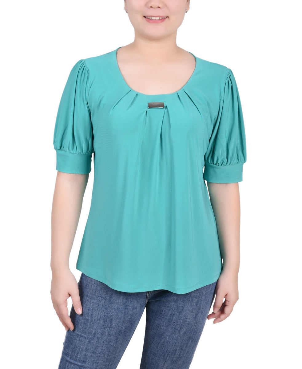  NY Collection Short Sleeve Balloon Sleeve Top With Hardware - Black - Bonton