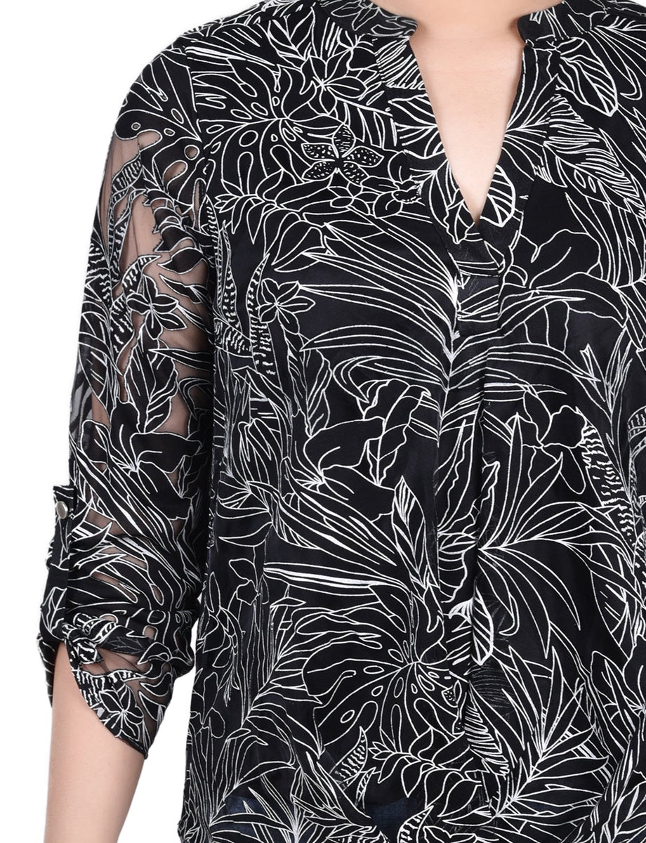  NY Collection Long Sleeve Burnout Y Neck Blouse - Black Palm Leaves - Bonton