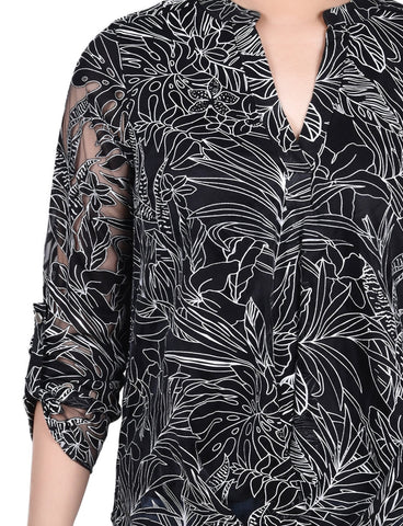 Long Sleeve Burnout Y Neck Blouse