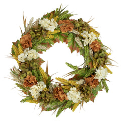 White and Orange Hydrangea Artificial Fall Harvest Twig Wreath  28-Inch  Unlit