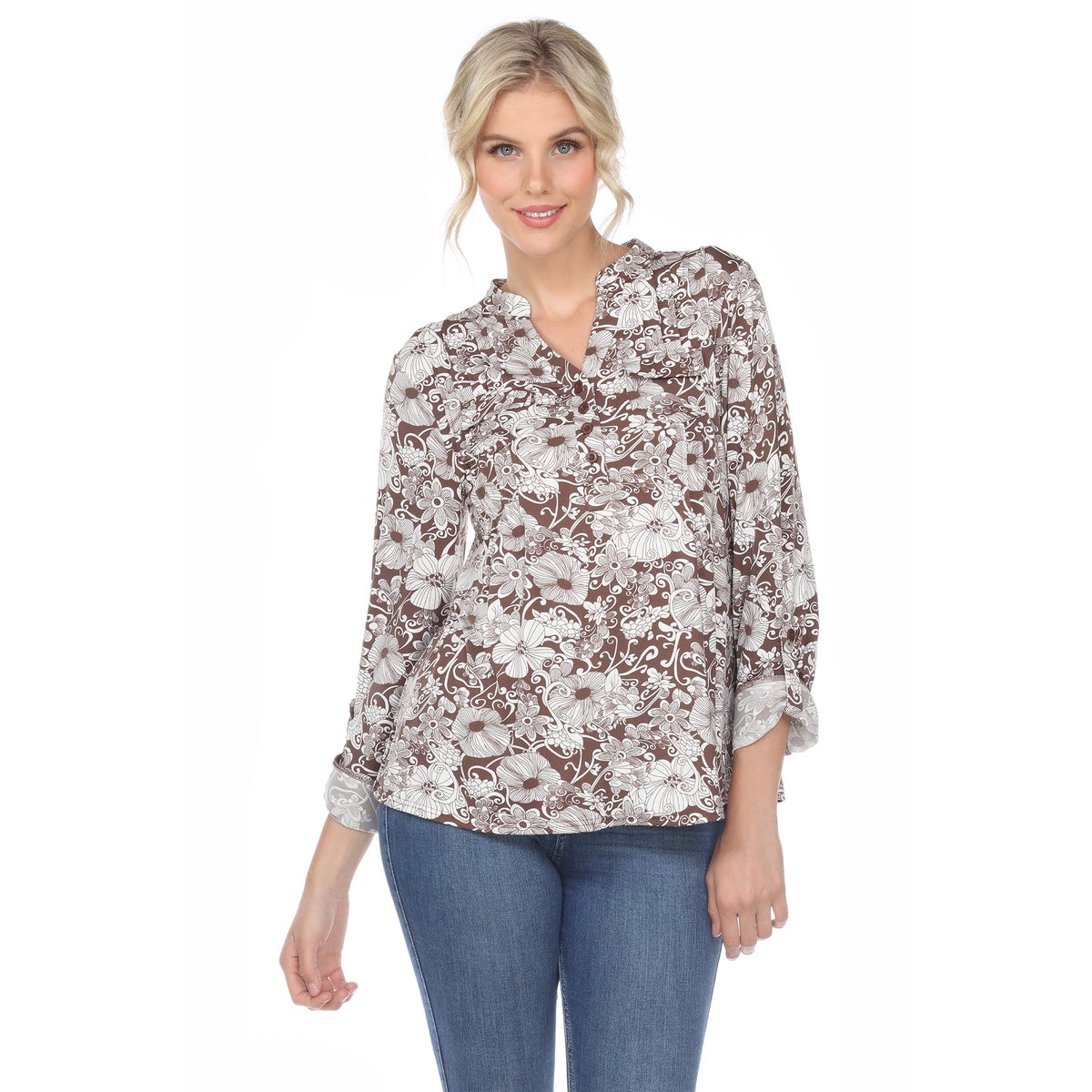  White Mark Women's Pleated Long Sleeve Floral Print Blouse - S - Bonton