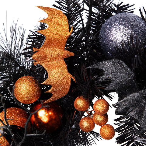 Ornaments and Ghost Halloween Twig Pine Wreath - 24" - Orange and Black - Unlit