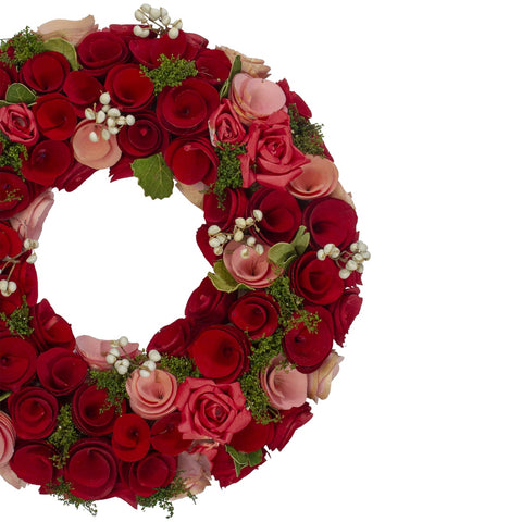 12" Red and Pink Wooden Rose With White Berries Artificial Wreath -Unlit