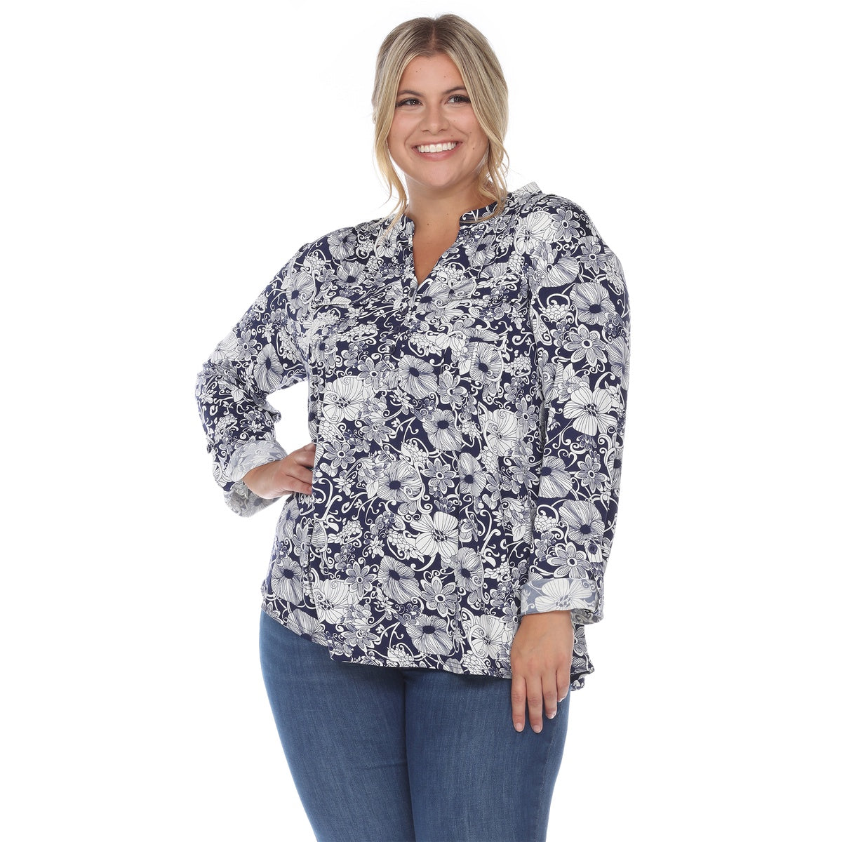  White Mark Plus Size Pleated Long Sleeve Floral Print Blouse - 1X - Bonton