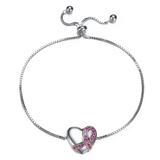 Teens/Young Adults White Gold Plated With Infinity Ribbon on Heart Adjustable Bracelet