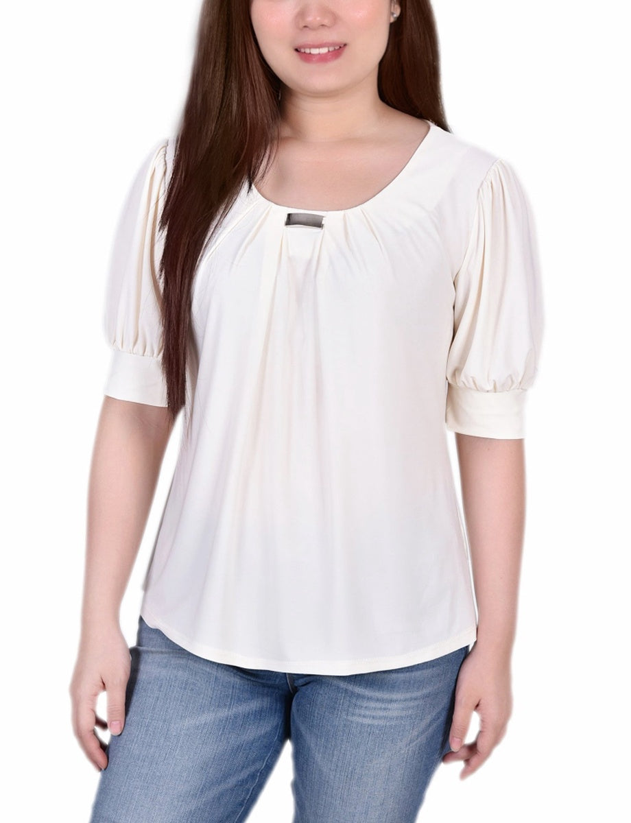  NY Collection Short Sleeve Balloon Sleeve Top With Hardware - Black - Bonton