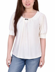 Short Sleeve Balloon Sleeve Top With Hardware