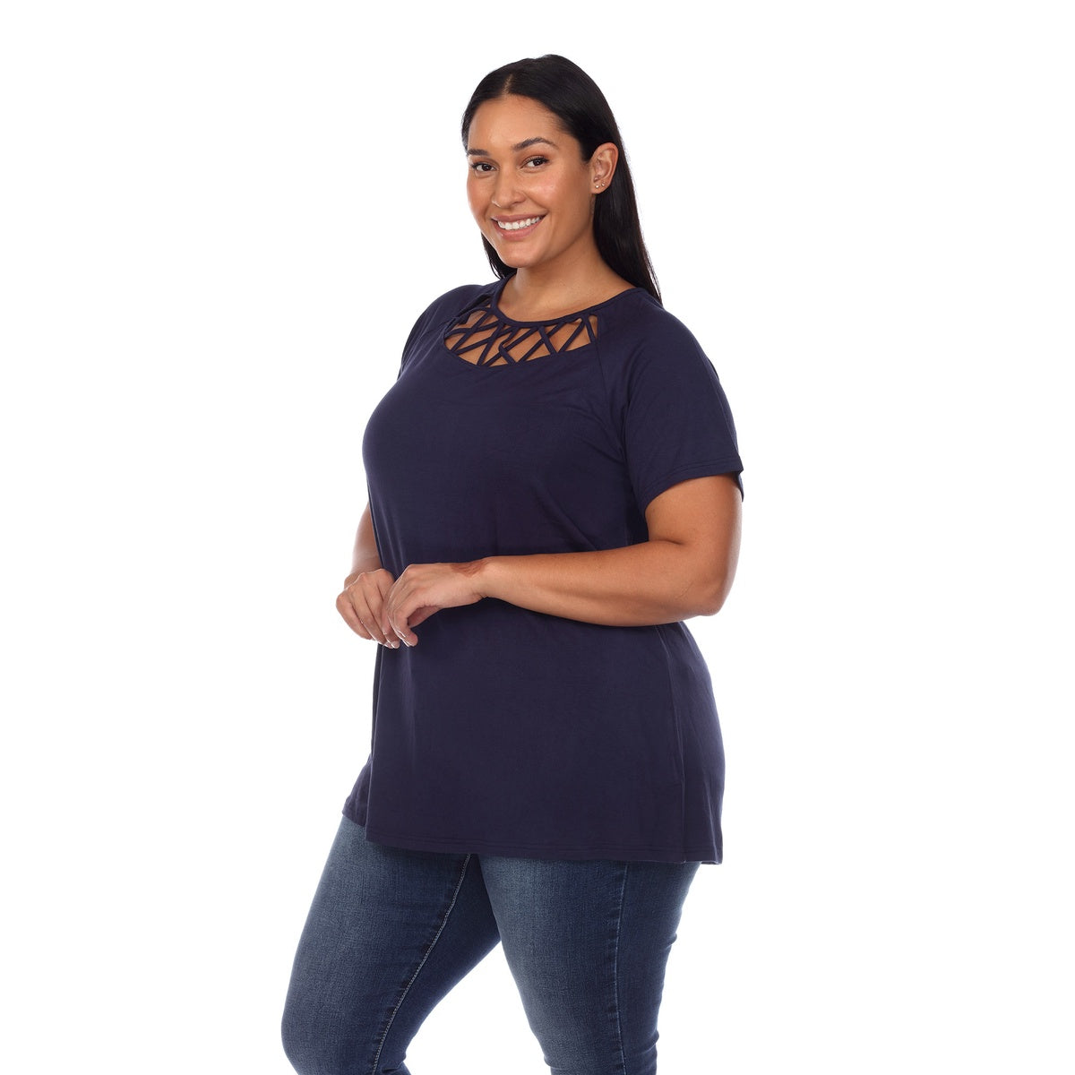  White Mark Plus Size Crisscross Cutout Short Sleeve Top - 1X - Bonton