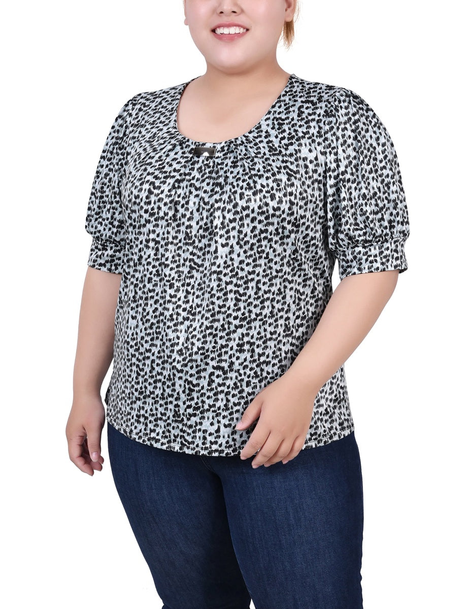  NY Collection Plus Size Short Sleeve Balloon Sleeve Top With Hardware - Black Taupe Zebra - Bonton