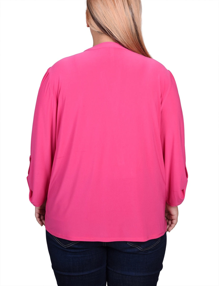  NY Collection Plus Size Long Sleeve Pintuck Front Top With Chain Details - Animal Lilas Dot - Bonton