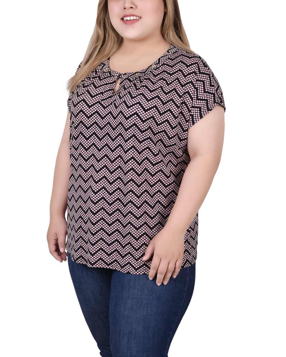  NY Collection Plus Size Extended Sleeve Top With Grommets - Black Blue Taupe Abstract - Bonton