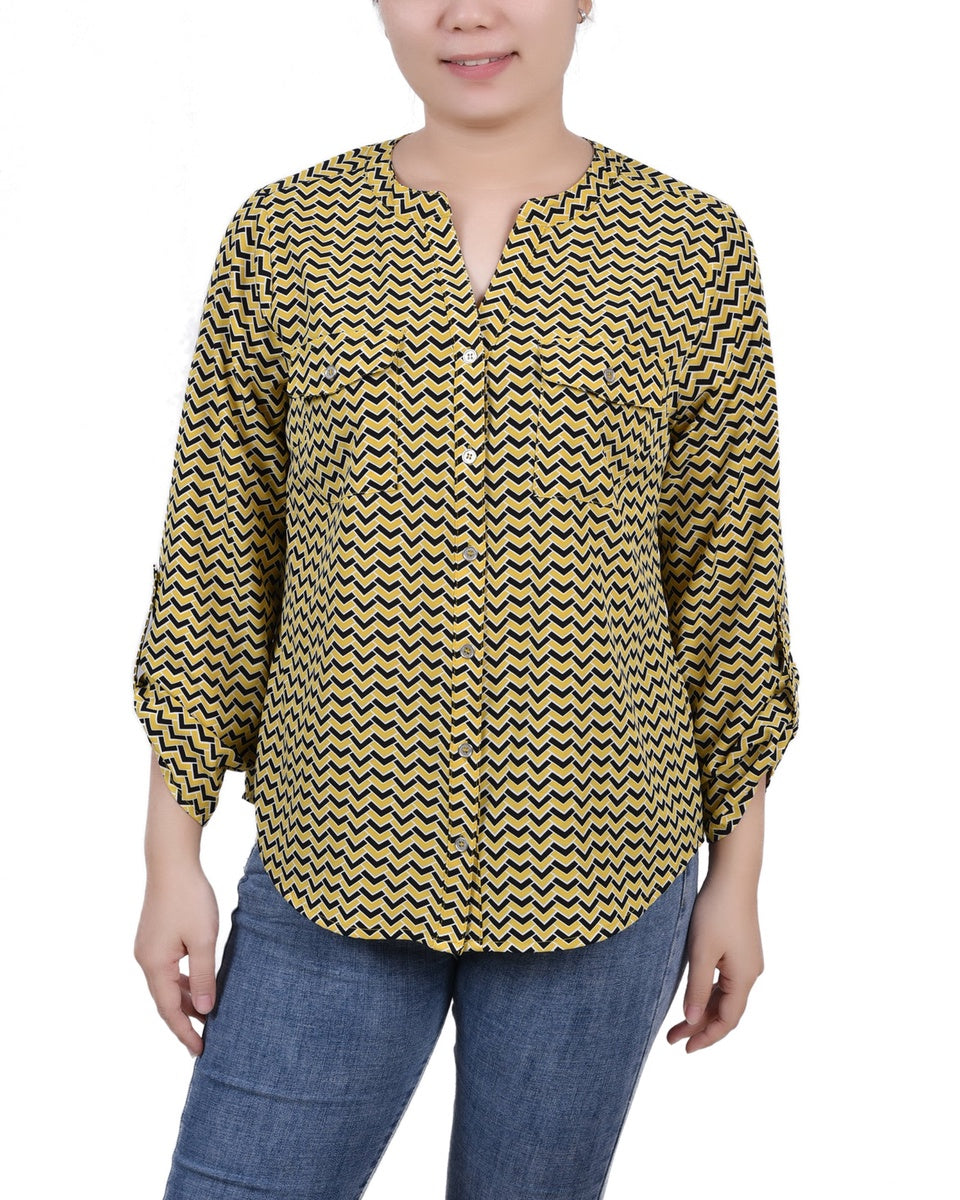  NY Collection Petite 3/4 Sleeve Roll Tab Y Neck Blouse - Black White Abstract - Bonton