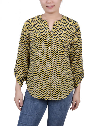 Petite 3/4 Sleeve Roll Tab Y Neck Blouse